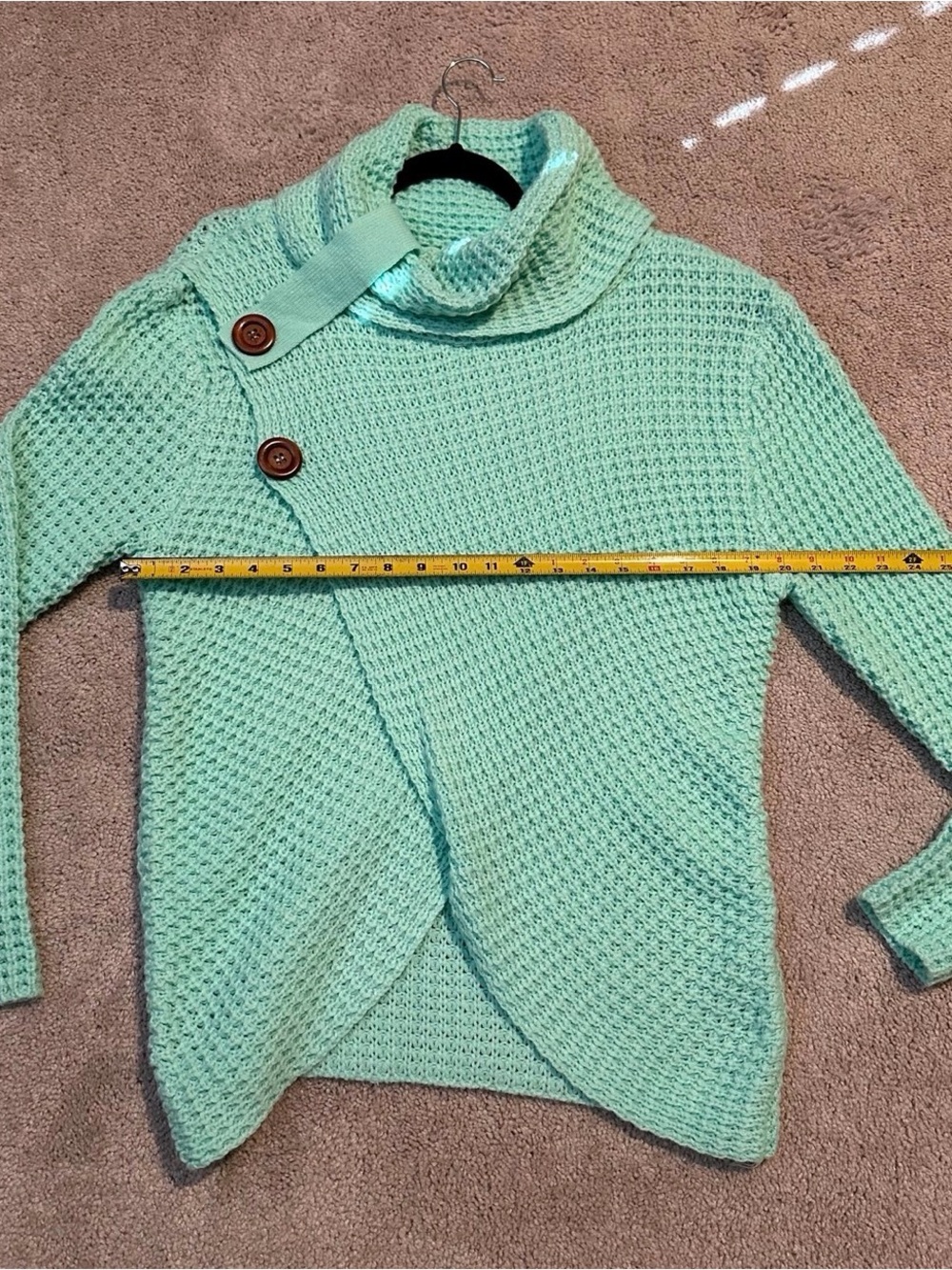Women’s Waffle Knit Sweater Loose Turtleneck Top Button Wrap Teal - Picture 3 of 7